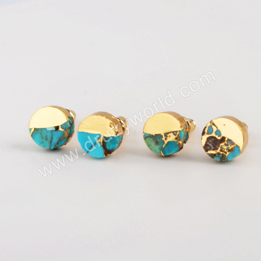 Gold Plated Cap Round Natural Copper Turquoise Stud Earrings Gemstone Jewelry G1983