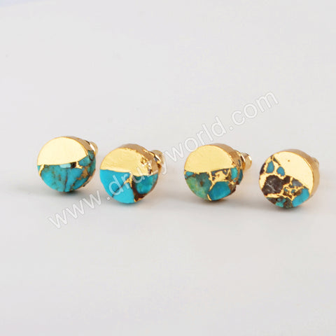 Gold Plated Cap Round Natural Copper Turquoise Stud Earrings Gemstone Jewelry G1983