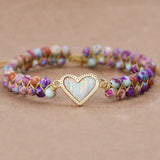 Gold White Opal Heart Purple Imperial Stone Beads Wire Wrap 2-Layers Bracelet, Handmade Boho Jewelry HD0397