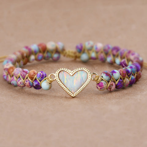 Gold White Opal Heart Purple Imperial Stone Beads Wire Wrap 2-Layers Bracelet, Handmade Boho Jewelry HD0397