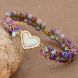 Gold White Opal Heart Purple Imperial Stone Beads Wire Wrap 2-Layers Bracelet, Handmade Boho Jewelry HD0397