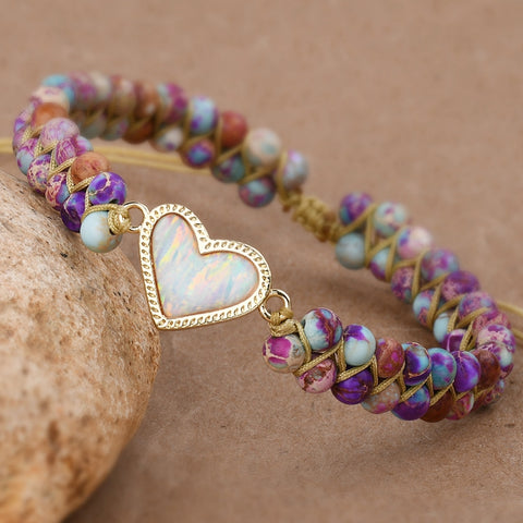 Gold White Opal Heart Purple Imperial Stone Beads Wire Wrap 2-Layers Bracelet, Handmade Boho Jewelry HD0397
