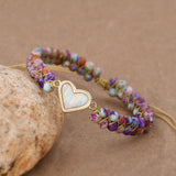 Gold White Opal Heart Purple Imperial Stone Beads Wire Wrap 2-Layers Bracelet, Handmade Boho Jewelry HD0397