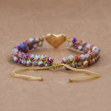 Gold White Opal Heart Purple Imperial Stone Beads Wire Wrap 2-Layers Bracelet, Handmade Boho Jewelry HD0397