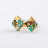 Gold Plated Cap Diamond Natural Copper Turquoise Stud Earrings G1989