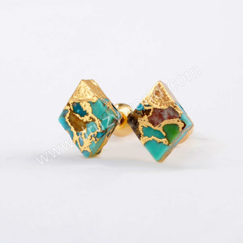 Gold Plated Cap Diamond Natural Copper Turquoise Stud Earrings G1989