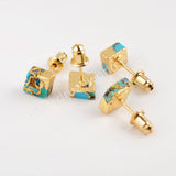 Gold Plated Cap Diamond Natural Copper Turquoise Stud Earrings G1989