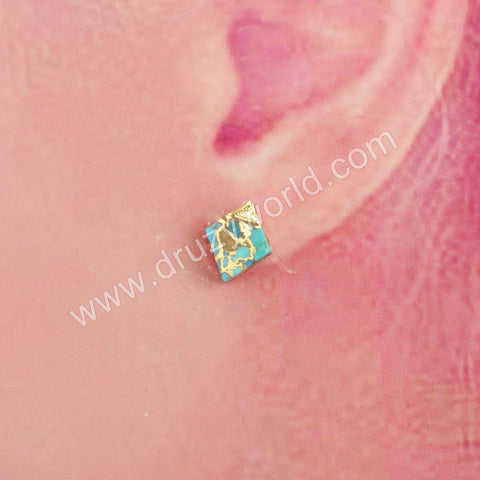 Gold Plated Cap Diamond Natural Copper Turquoise Stud Earrings G1989