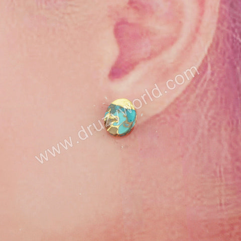 Gold Plated Cap Oval Copper Turquoise Stud Earrings G1982