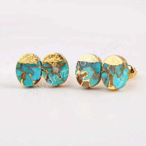 Gold Plated Cap Oval Copper Turquoise Stud Earrings G1982