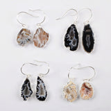 Silver Plated Raw Agate Druzy Geode Slice Dangle Earrings, Gemstone Jewelry S0516
