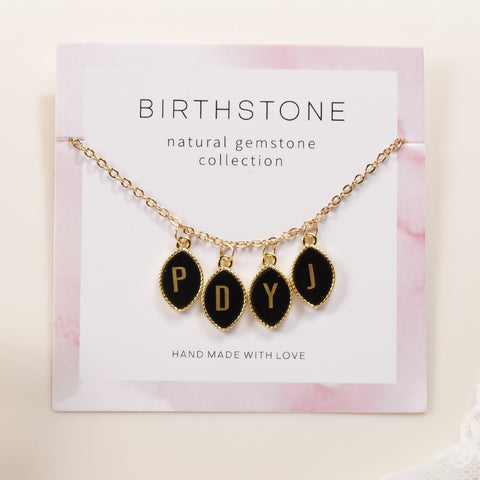 16" Gold Marquise Black Obsidian Initial Letter Pendant Necklace, Multi Stones, Personalization Jewelry KZ022