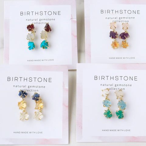 Raw Birthstones Earrings, Gold Plated Multi Gemstone Dangle Earrings, Healing Crystal Chips Earrings, Unique Jewelry BT012