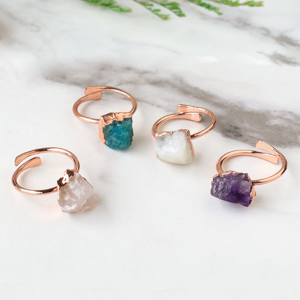 Adjustable Raw Gemstone Ring, Rose Gold Plated, Healing Crystal Stone Ring, Birthstone Jewelry BT013