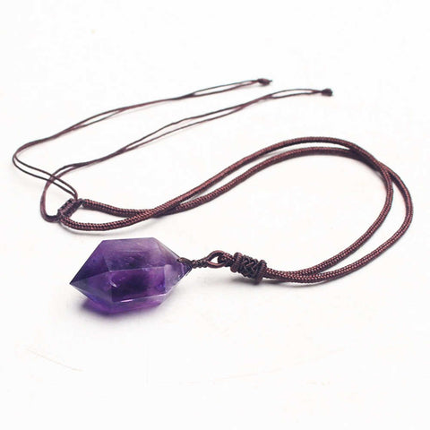 Natural Amethyst Crystal Point Hexagonal Pendant Necklace AL004