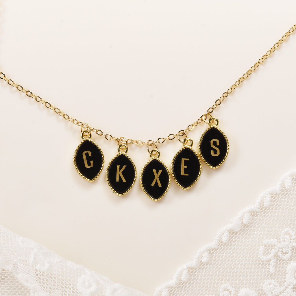 16" Gold Black Obsidian Initial Letter Pendant Necklace, Marquise Shape, 4~5 Stones, Personalization Jewelry KZ022