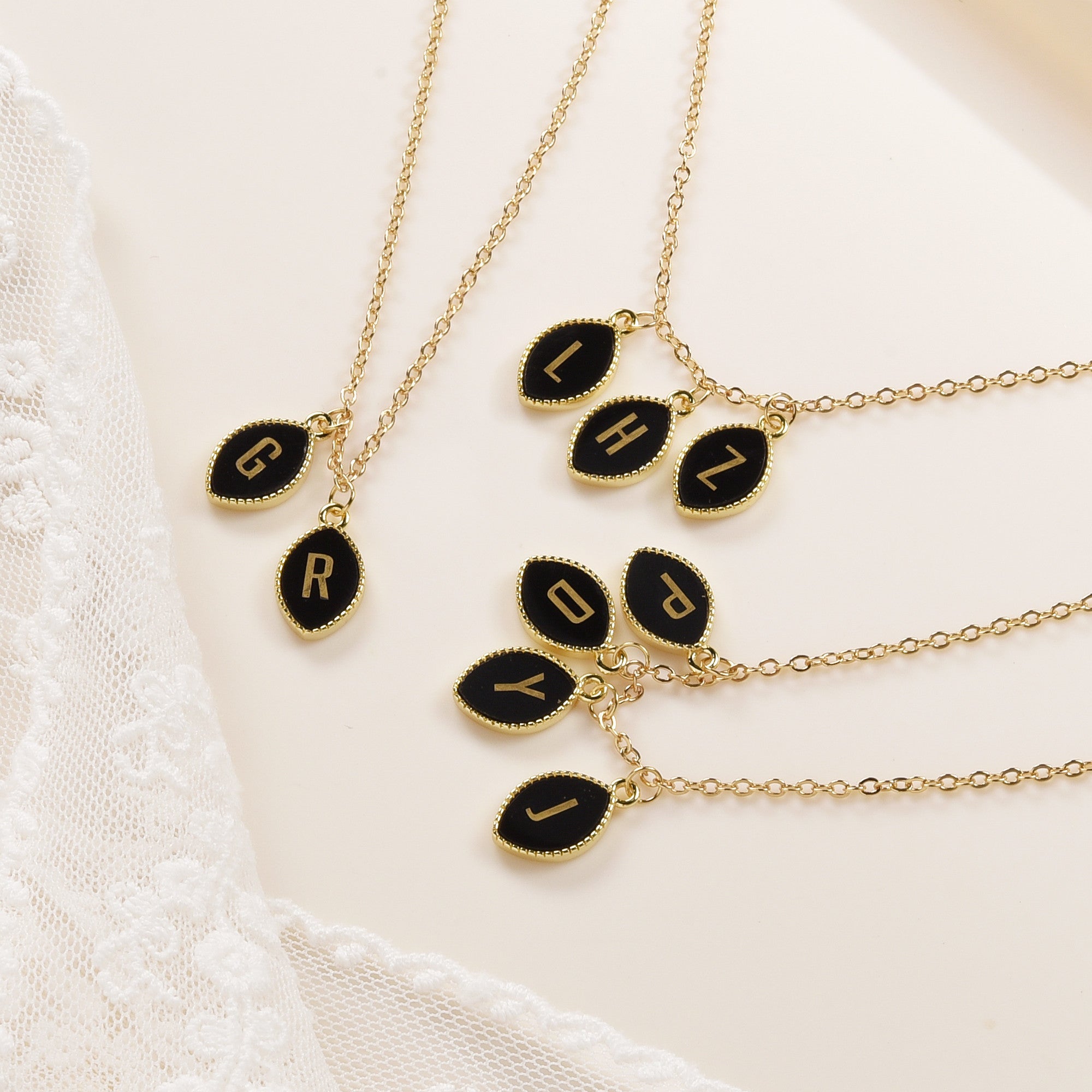 16" Gold Marquise Black Obsidian Carved Initial Letter Pendant Necklace, Personalization Jewelry KZ022