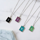 Personalized 16" Rectangle Silver Plated Bezel Rainbow Gemstone Letter Necklace, Birthstone Crystal Jewelry, You choose stone and letter KZ003-N