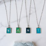 Personalized 16" Rectangle Silver Plated Bezel Rainbow Gemstone Letter Necklace, Birthstone Crystal Jewelry, You choose stone and letter KZ003-N