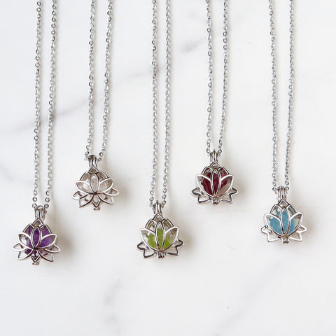 16" Silver Plated Hollow Lotus Natural Raw Crystal Necklace, Birthstone Necklace, Gemstone Necklace Jewelry BT005
