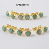 Gold Plated Bezel Hexagon Multi Gemstone Faceted Stud Earrings Fashion Jewelry ZG0448