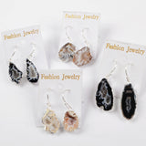 Silver Plated Raw Agate Druzy Geode Slice Dangle Earrings, Gemstone Jewelry S0516