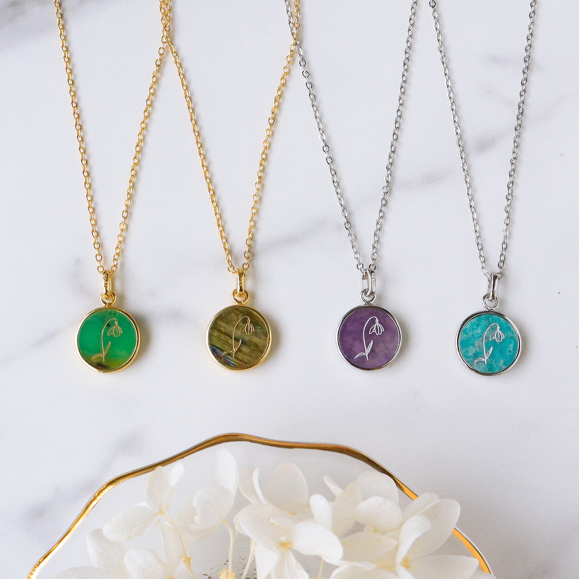 Australia Jade Labradorite Amethyst Amazonite Pendant Necklace, Birth Month Flower Necklace