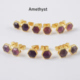 Gold Plated Bezel Hexagon Multi Gemstone Faceted Stud Earrings Fashion Jewelry ZG0448