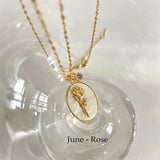 Oval White Shell Birth Flower Necklace, CZ Pave Jewelry AL511