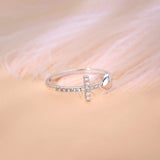 925 Sterling Silver Pray Through It Cross & Heart Adjustable Ring, CZ Micro Pave Silver Open Ring AL493