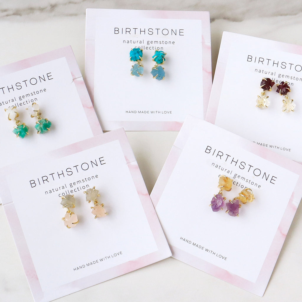 Raw Birthstones Earrings, Gold Plated Multi Gemstone Dangle Earrings, Healing Crystal Chips Earrings, Unique Jewelry BT012