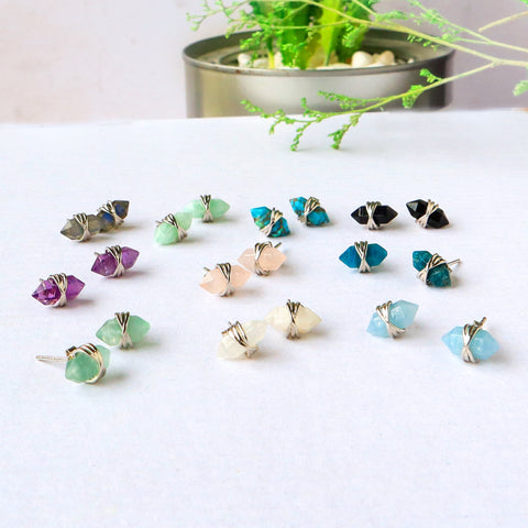 s925 Sterling Silver Hexagon Natural Gemstone Faceted Stud Earrings, Crystal Point Birthstone Jewelry Earrings Studs BT002