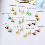Gold Plated Hexagon Gemstone Faceted Stud Earrings, s925 Silver Post, Crystal Point Birthstone Jewelry Earrings Studs BT001