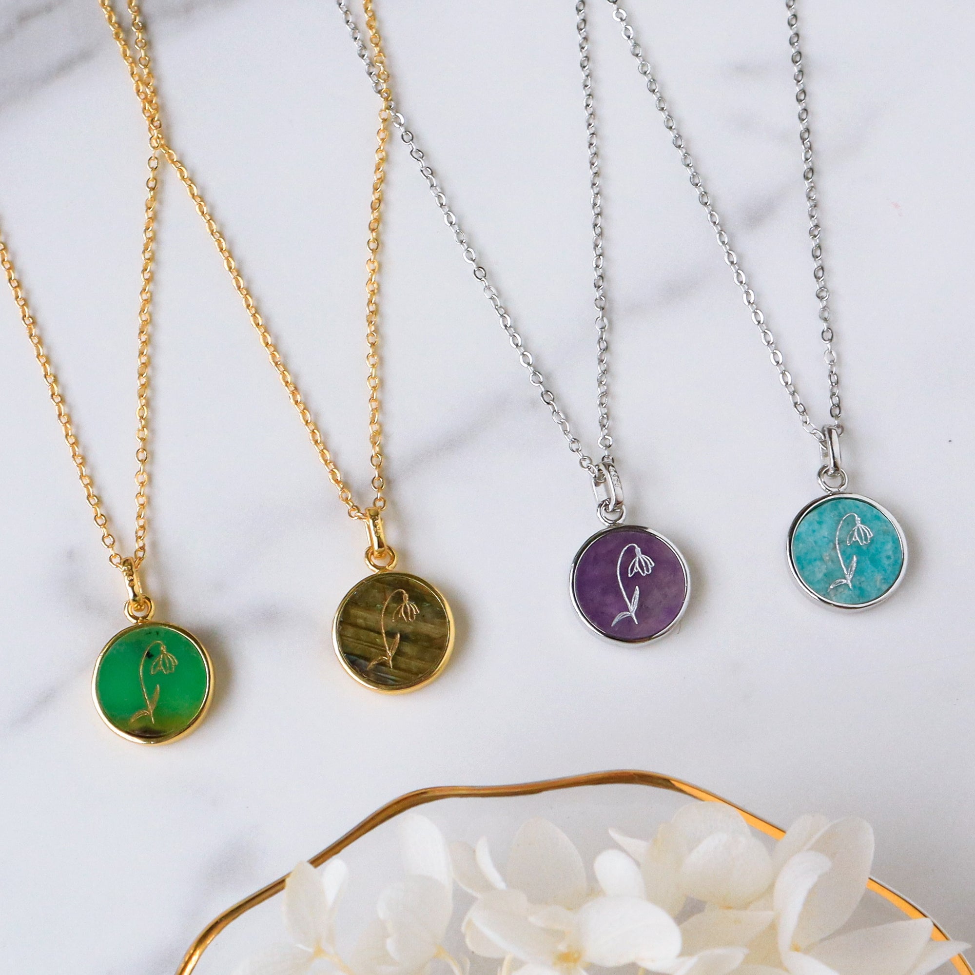 Australia Jade Labradorite Amethyst Amazonite Pendant Necklace, Birth Month Flower Necklace
