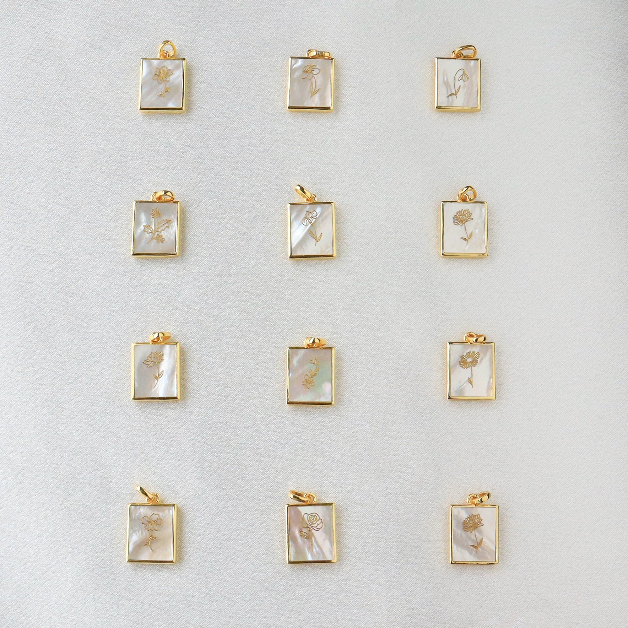 Rectangle Gold Natural White Shell Carved Birthflower Pendant, Personalized Birth Flower Necklace Jewelry KZ044