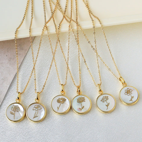16" Gold Plated Round White Shell Carved Birth Month Flower Necklace, Beach Shell Jewelry KZ009