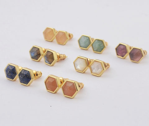 Gold Plated Bezel Hexagon Multi Gemstone Faceted Stud Earrings Fashion Jewelry ZG0448