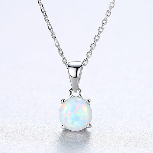 16" S925 Sterling Silver Opal Necklace, Tiny Round Opal Pendant Necklace, Fashion Jewelry AL562
