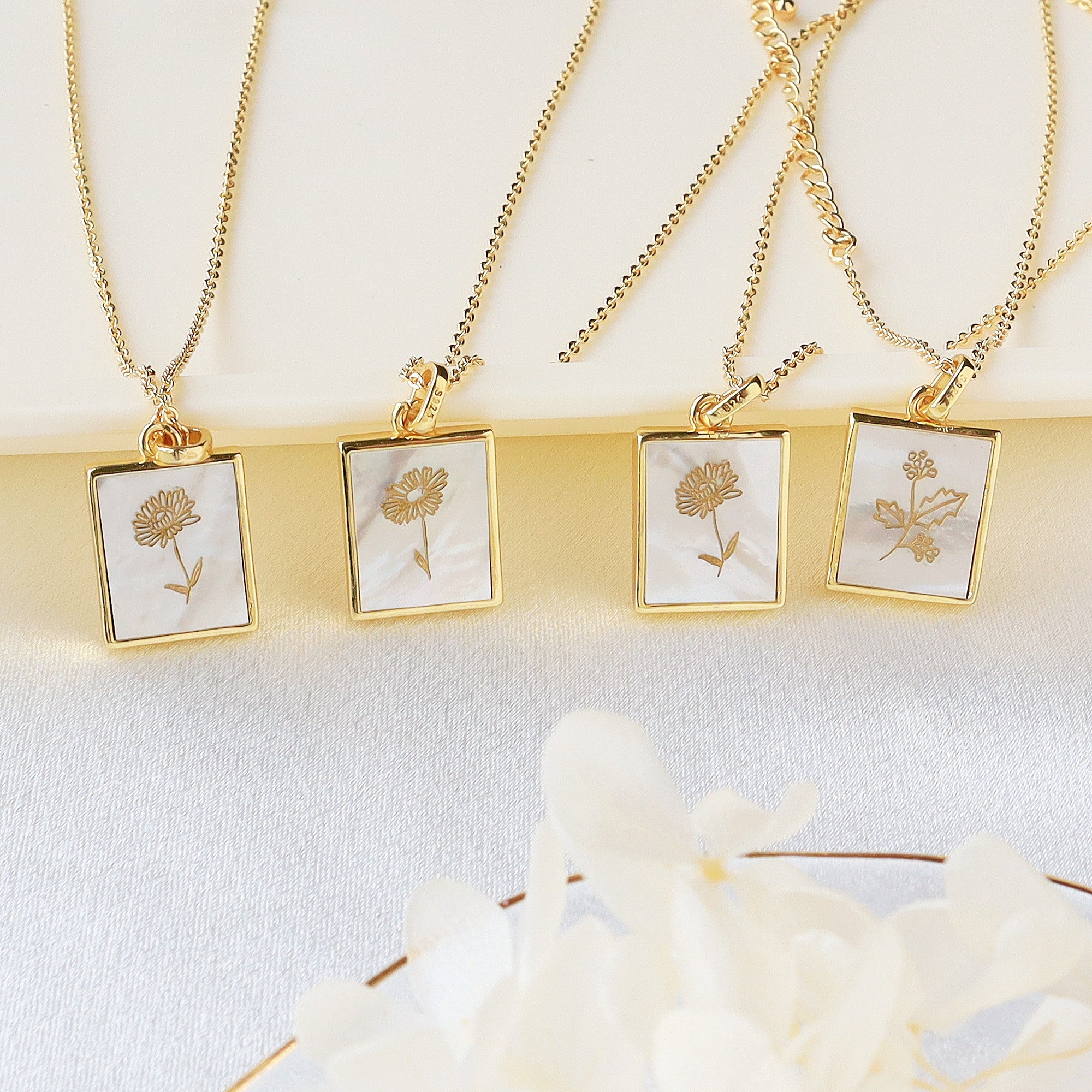 Rectangle Gold Natural White Shell Carved Birthflower Pendant, Personalized Birth Flower Necklace Jewelry KZ044