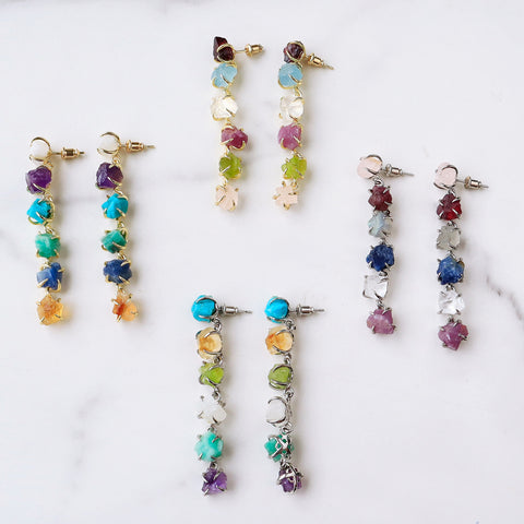 Raw Birthstones Earrings, Gold Plated Multi Gemstone Dangle Earrings, Healing Crystal Chips Earrings, Unique Jewelry BT012