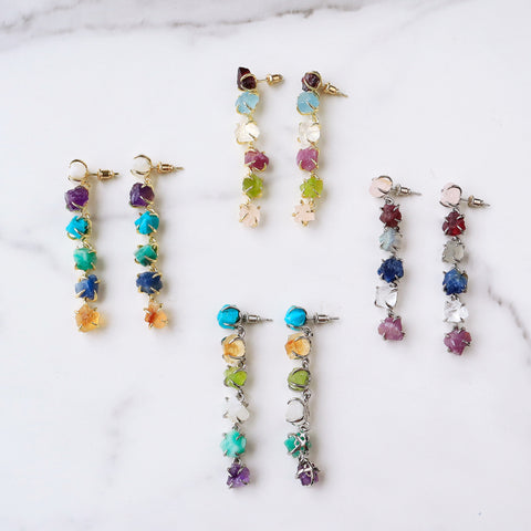 Gold Claw Raw Multi Gemstone Chips Dangle Earrings, Birthstone Earrings, Healing Crystal Post Earrings, Unique Jewelry BT012