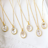 16" Gold Bezel Oval White Shell Birth Flower Necklace, Month Flower Gift Jewelry KZ027-N
