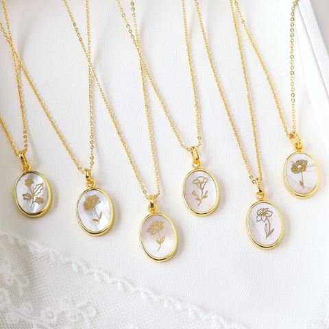 16" Gold Bezel Oval White Shell Birth Flower Necklace, Month Flower Gift Jewelry KZ027-N