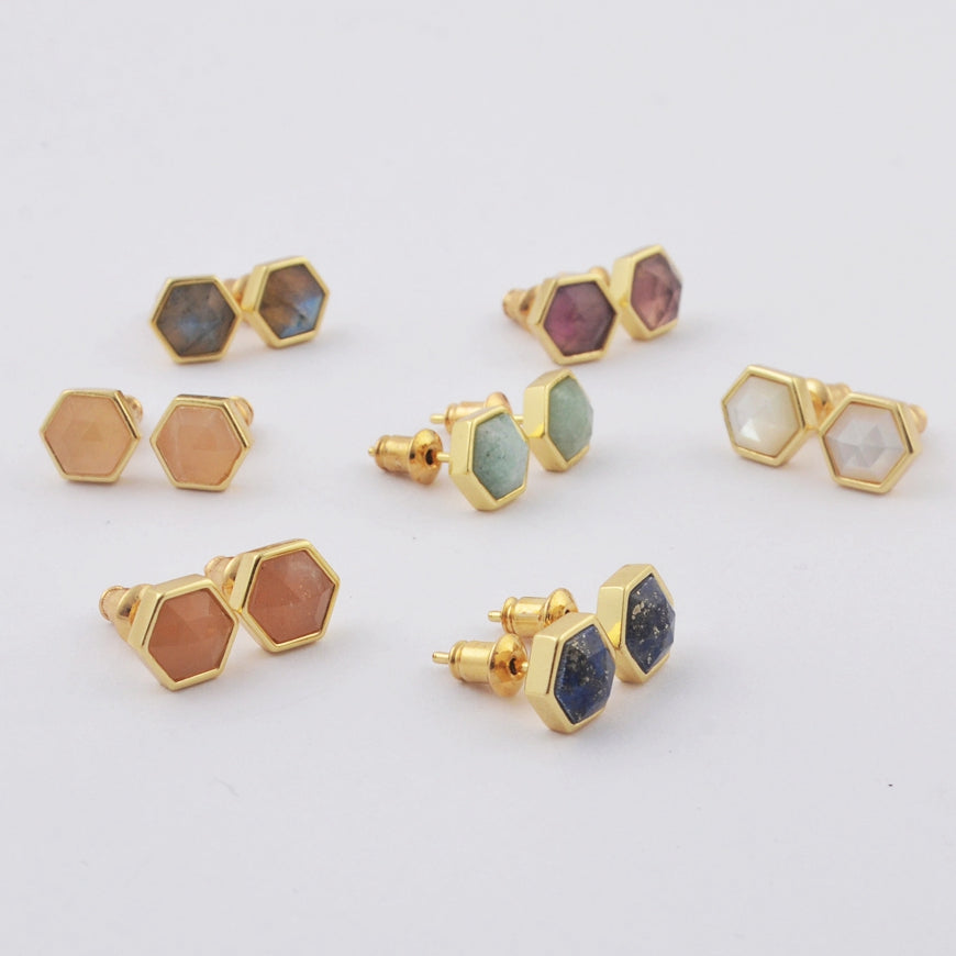 Gold Plated Bezel Hexagon Multi Gemstone Faceted Stud Earrings Fashion Jewelry ZG0448