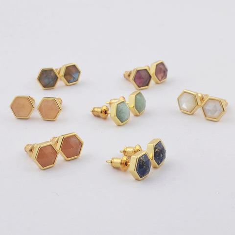 Gold Plated Bezel Hexagon Multi Gemstone Faceted Stud Earrings Fashion Jewelry ZG0448