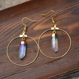 Gold Plated Angel Aura Quartz Point Hoop Earrings, Titanium AB White Crystal, Healing Jewelry HUS053