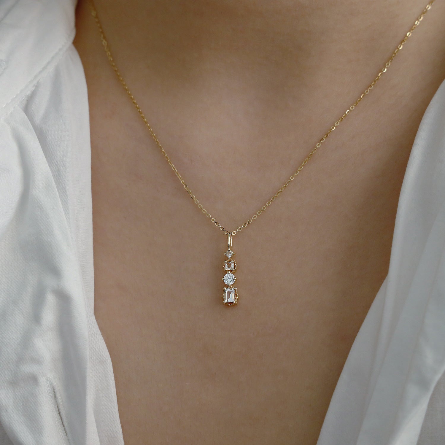Sterling Silver Plated 14K Gold Zircon Bar Pendant Necklace Geometric CZ Pave Simple Fashion Necklace AL479