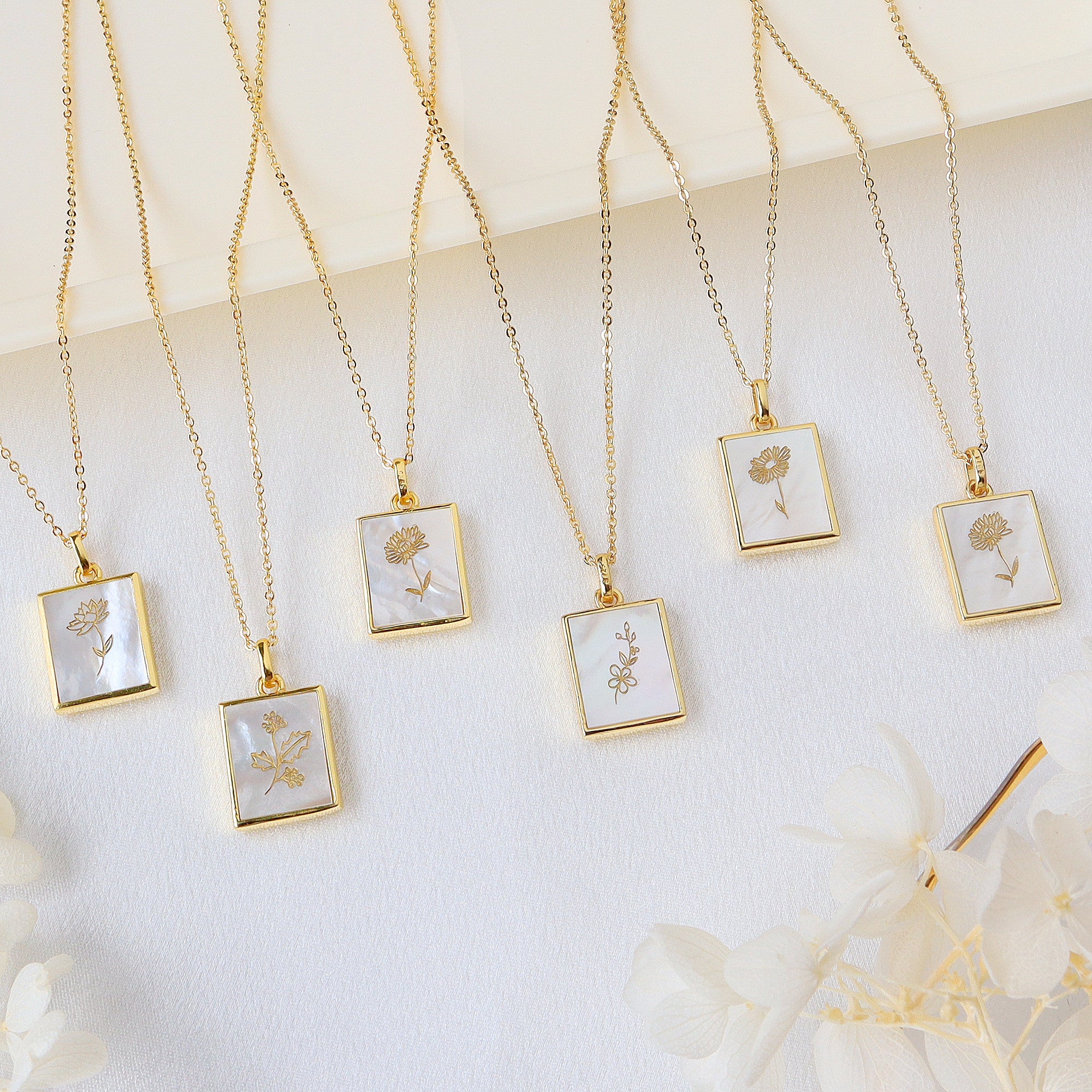 Rectangle Gold Natural White Shell Carved Birthflower Pendant, Personalized Birth Flower Necklace Jewelry KZ044
