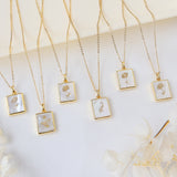 Rectangle Gold Natural White Shell Carved Birthflower Pendant, Personalized Birth Flower Necklace Jewelry KZ044