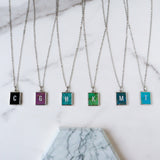 Personalized 16" Rectangle Silver Plated Bezel Rainbow Gemstone Letter Necklace, Birthstone Crystal Jewelry, You choose stone and letter KZ003-N